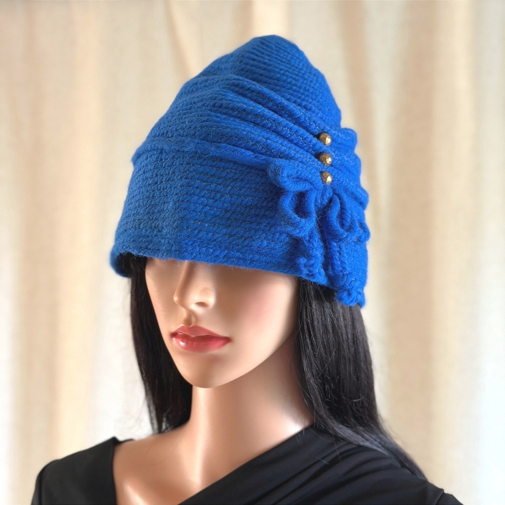 Vtg 80s Royal Blue Knit Cloche Hat Bow Gold Bead Accents 20s Style Flapper Retro